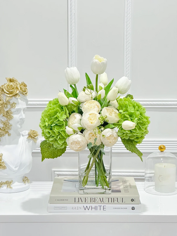 14-in Real Touch Hydrangea Peony Tulip Centerpiece in Glass Vase